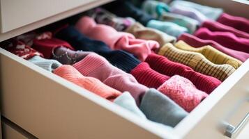 Closeup of dividers separating different types of socks in a drawer. photo