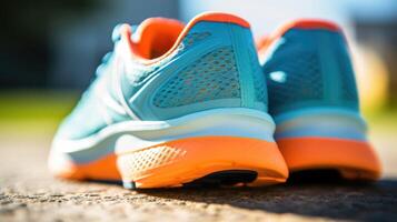 Closeup of a sleek pair of running shoes with lightweight mesh material for added breathability and comfort. photo