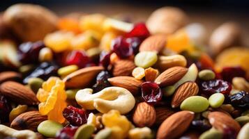 Closeup of a homemade trail mix filled with nuts, seeds, and dried fruits. photo