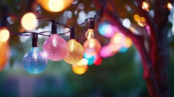 Closeup of colorful string lights illuminating a decorated outdoor screen. photo
