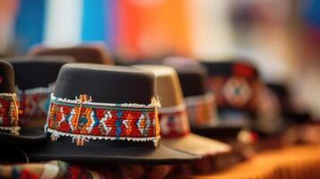 Closeup of a proud familys matching traditional hats, each adorned with a different symbol representing their heritage. photo