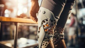 Up close image of a 3Dprinted prosthetic knee being aligned and tightened. photo