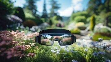 Closeup of a computer screen displaying a virtual reality simulation of a tranquil garden. photo