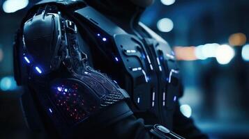 Closeup of a virtual reality haptic suit, covered in sensors that provide the user with realistic physical sensations in a digital world. photo