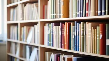 Closeup of a neatly arranged bookshelf, filled with reference books and folders for keeping important documents in a home office. photo