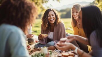 Closeup of a group of friends having a picnic, all wearing face masks. photo