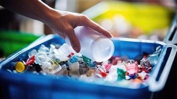 Closeup of a hand sorting through a bin of mixed recyclables. photo