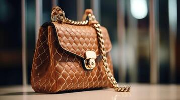 Up close shot of a structured tophandle bag, featuring a statementmaking chain link s and luxe diamondshaped hardware. photo