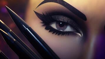 Closeup of a eyebrow pencil, shaping and defining brows to resemble the fierce arches of Angelina Jolies Maleficent character. photo