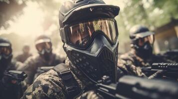 Closeup of a group of friends playing an intense game of paintball while wearing protective face masks. photo