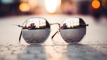 Closeup of a fashionable pair of mirrored hexagonal sunglasses with thin silver frames. photo