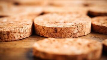 Closeup of a section of cork flooring, highlighting its renewable and soft cushioned surface. photo