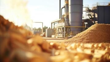 Closeup of a biomass plant, with pipes and machinery processing renewable energy sources. photo