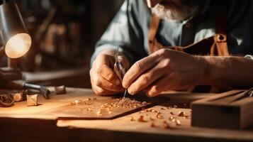 Tilted macro of a jewelers hands carefully polishing and buffing a piece of handcrafted wooden jewelry to a beautiful shine. photo