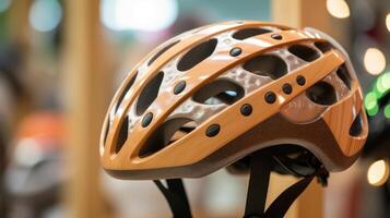 Closeup of an innovative bike helmet made from sustainable materials such as bamboo and recycled plastic. photo