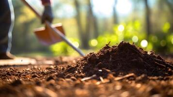 Closeup of a shovel being plunged into a pile of mulch by a young volunteer, ready to spread it around newly planted trees. photo