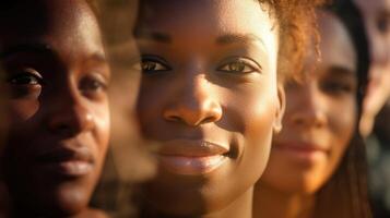 Closeup of a collage of diverse faces, each one bearing a unique identity and message of inclusion. photo
