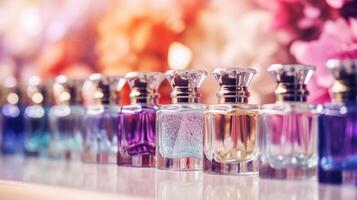 Closeup of a row of different scented perfumes, each one promising a different level of alluring fragrance. photo