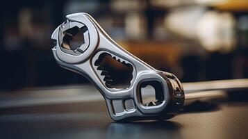 Closeup of a 3D printed wrench, showcasing its sy build and intricate inner workings. photo