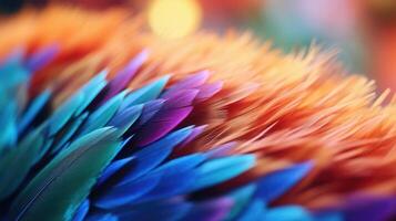 Detailed view of a colorful birds feathers, capturing the beauty of these creatures and the need to safeguard their habitats from human interference. photo