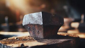 Closeup of a blacksmiths anvil, its surface worn and dented from years of hammering and shaping metal. photo