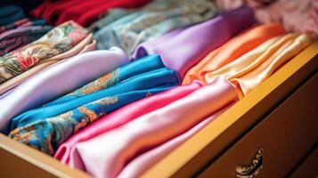 Closeup of a drawer filled with luxury silk scarves neatly folded in different colors. photo