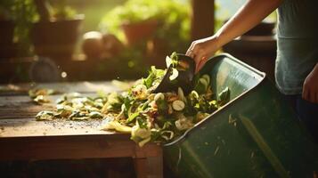 Macro image of a hand dropping food ss into a green kitchen compost bin. photo