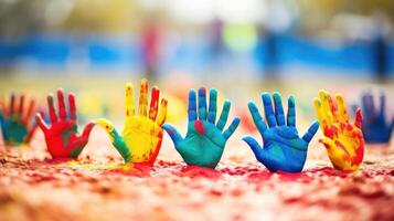 Closeup of a group of colorful handprints on a sports field, symbolizing the diverse community that comes together through sports. photo