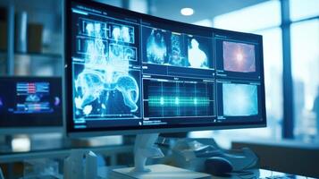 High angle view of a computer display showing realtime data and images from the AIassisted procedure in progress. photo