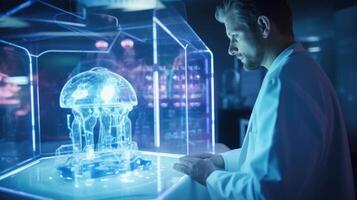 Up close shot of a medical expert examining a detailed 3D model of a patients on a holographic display. photo