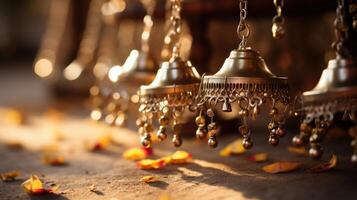 Closeup of delicate anklets adorned with small bells that jingle with every step. photo