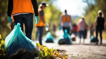 Closeup of a neighborhood cleanup event where participants are picking up trash and debris. photo