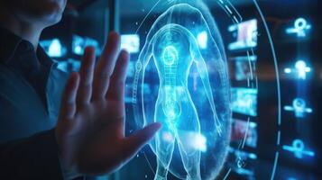 Detailed view of a doctor zooming in on a specific part of a virtual patients body on a holographic screen. photo