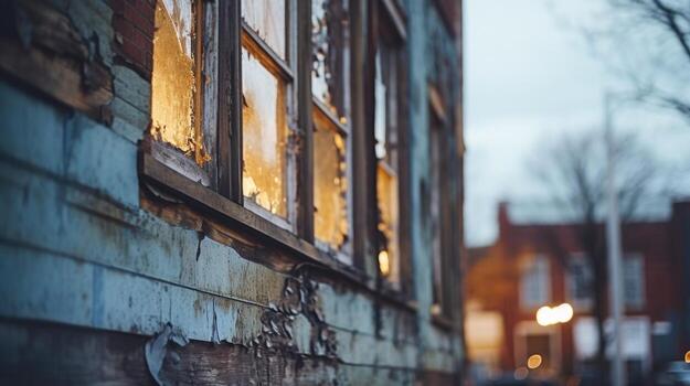 Closeup of a dilapidated building with boardedup windows, representing the issue of aging infrastructure and the need for revitalization in urban planning. photo