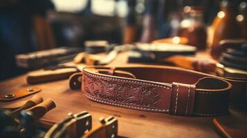 Closeup of a leatherworkers tools creating detailed designs on a belt. photo