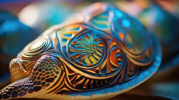 Closeup of a sea turtles shell, marked with intricate patterns and hues. photo