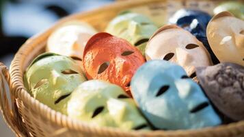 Closeup of a basket filled with an array of enticing face masks, each one promising to rejuvenate and nourish the skin. photo