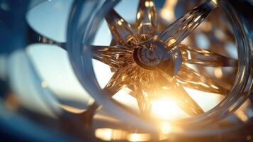 Macro image of the intricate inner workings of a wind turbine, blending seamlessly into the urban landscape. photo