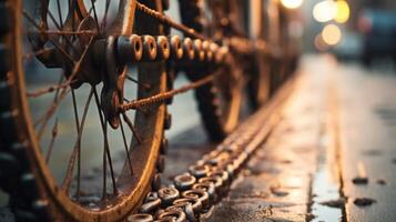 Closeup of a rusted bike chain, a reminder of the harsh weather conditions faced by city commuters. photo