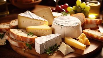Closeup of a wooden platter filled to the brim with assorted local cheeses and sliced baguette. photo