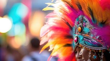 Closeup of a decorated hat adorned with feathers, worn by one of the energetic performers. photo