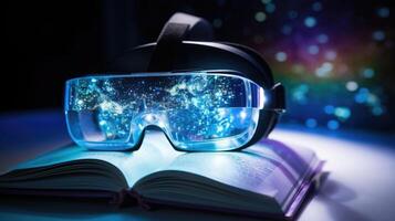 Macro shot of a virtual reality textbook, featuring interactive simulations and images for immersive learning. photo