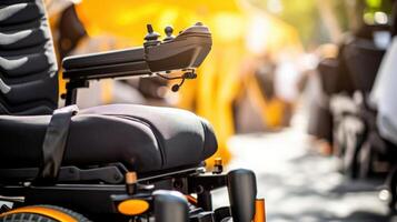 Closeup of advanced electric wheelchair with customizable seating and reclining options photo