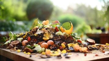 Closeup of a ting board with neatly arranged food ss ready for composting. photo