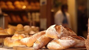 Closeup of freshly baked bread and pastries in a quaint bakery tucked away in the marketplace. photo