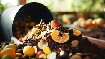Closeup of a variety of fruit and vegetable peels, eggshells, and coffee grounds in a compost collector. photo