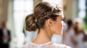 Closeup of a models elegant updo hairstyle, with intricate braids and sleek twists. photo