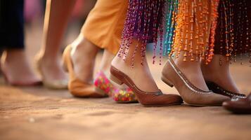 Closeup of a row of dancing feet, with each person wearing a different type of traditional shoe. photo