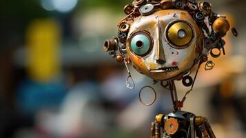 Closeup of a small sculpture made entirely of found objects. photo