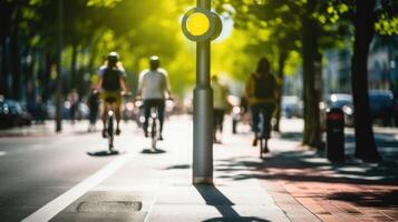 Closeup of a pedestrian walkway with designated bike lanes, showcasing the solution of promoting alternative modes of transportation and creating more pedestrianfriendly cities in urban photo